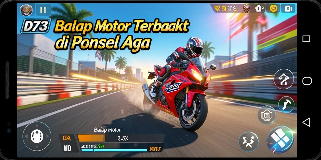 Antarmuka permainan D73 di balap motor dengan grafik menawan.